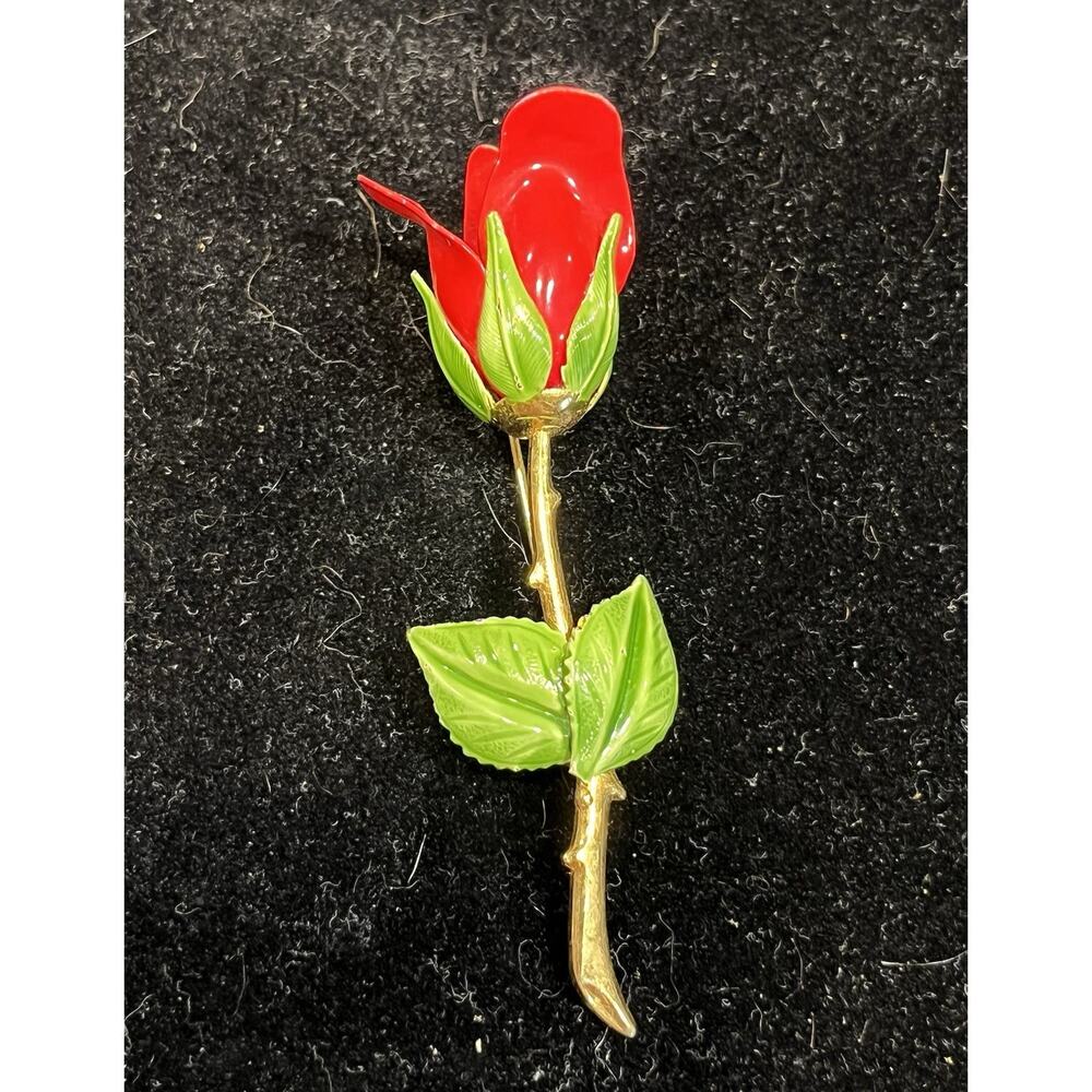 Vintage 3” Red Enamel Single Rose Lapel Pin with Gold Tone Stem and Green Leaves